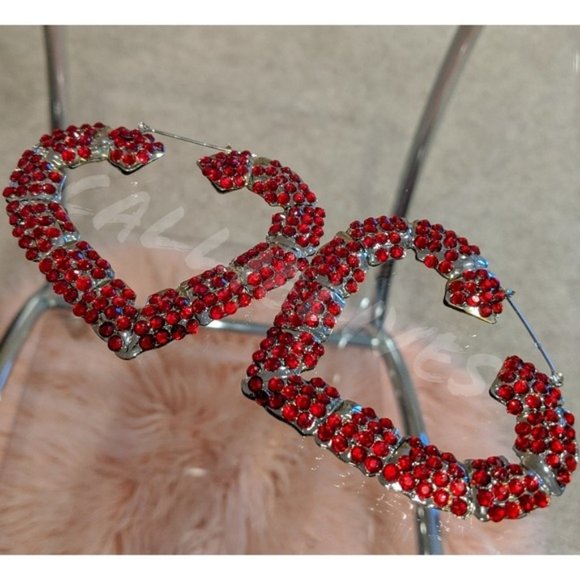 Miz Big Heart: Red Rhinestone MaryJ Bling Bamboo 80s Vintage Style Retro Earring - Picture 2 of 9
